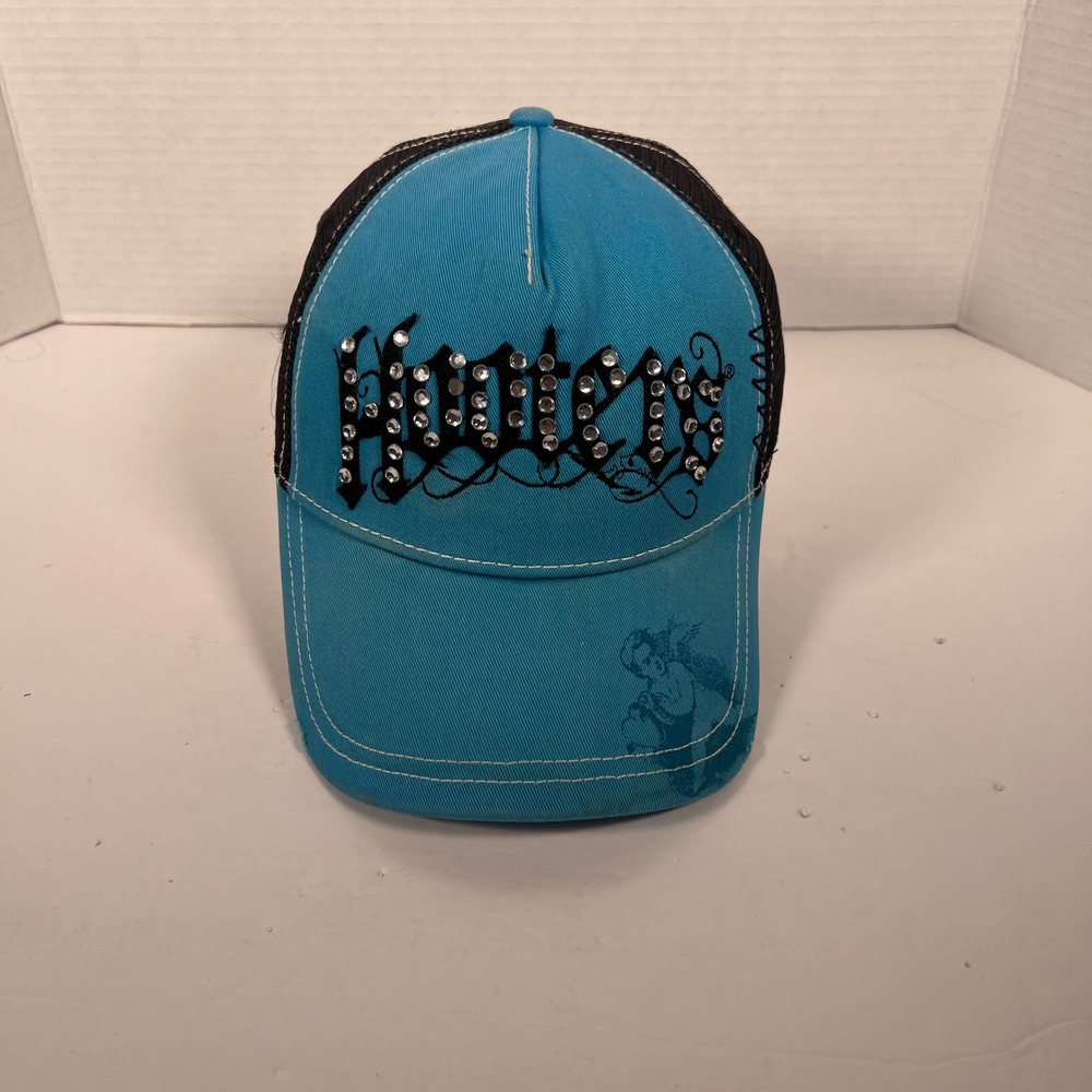 Hooters Rhinestone Logo Trucker Hat Turquoise Blue Black Snapback Mesh Cap Y2K